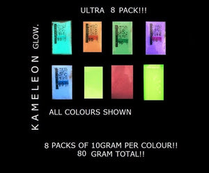 8 COLOUR GLOW in the Dark Pigment Powder Package (80 Grams total)